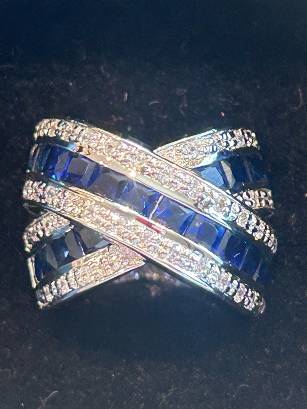 925 Sterling Silver Blue Sapphire & White Crystal Cross-Over Ring opulent Ring